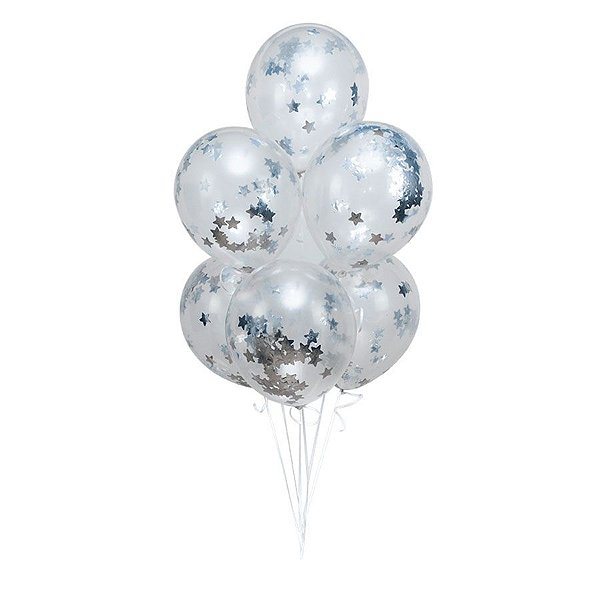 Kit Buquê Balões Látex Transparente com Confete Estrela Prata - Buque com 06 Balões - 1 unidade - Regina - Rizzo