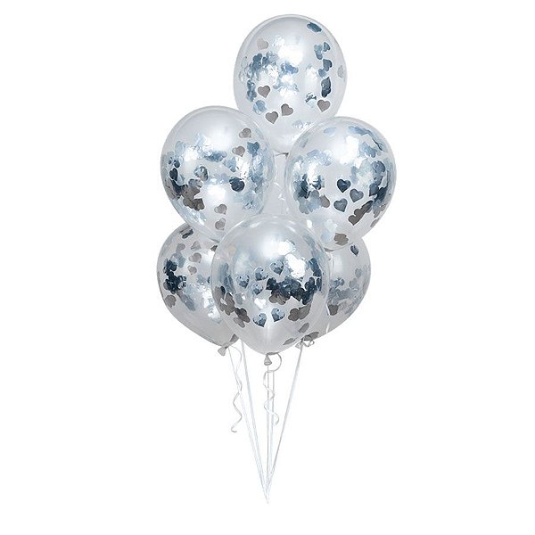 Kit Buquê Balões Látex Transparente com Confete Coração Prata - Buque com 06 Balões - 1 unidade - Regina - Rizzo