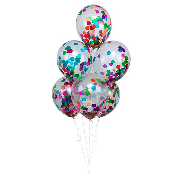 Kit Buquê Balões Látex Transparente com Confete Circulo Sortido - Buque com 06 Balões - 1 unidade - Regina - Rizzo