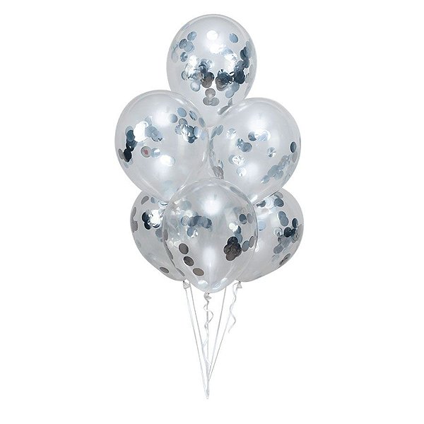 Kit Buquê Balões Látex Transparente com Confete Circulo Prata - Buque com 06 Balões - 1 unidade - Regina - Rizzo