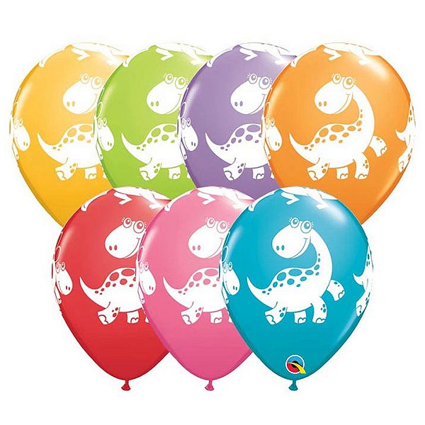 Balão de Festa Látex Liso Decorado - Dinossauros Fofinhos Sortido - 11" 28cm - 6 unidades - Qualatex Outlet - Rizzo