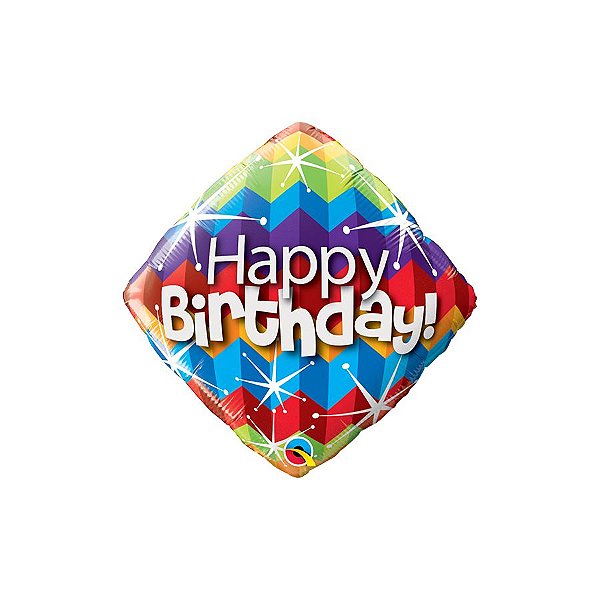 Balão de Festa Microfoil 18" 46cm - Diamante Happy Birthday Ziguezagues Coloridos - 1 unidade - Qualatex Outlet - Rizzo