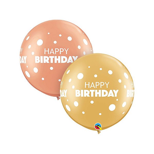Balão de Festa Látex Liso Decorado - Happy Birthday Poá Ouro/Rose Gold - 30" 75cm - 2 unidades - Qualatex Outlet - Rizzo