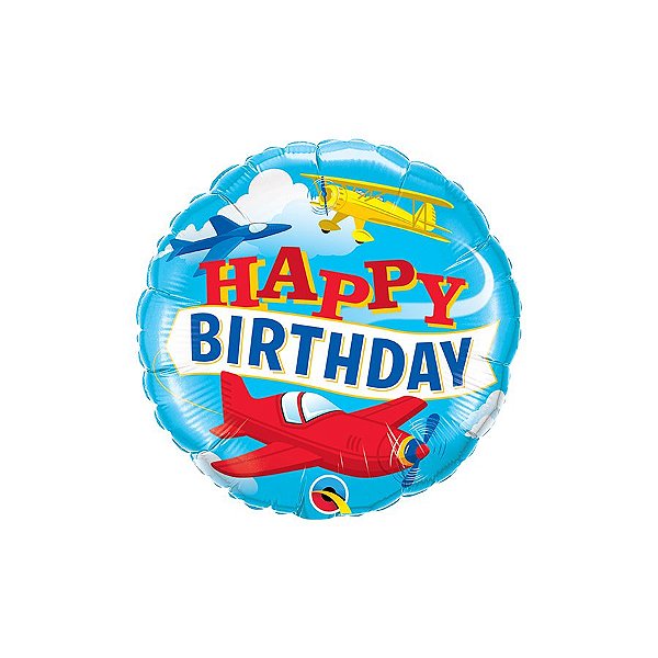 Balão de Festa Microfoil 18" 46cm - Redondo Happy Birthday Aviões - 1 unidade - Qualatex Outlet - Rizzo