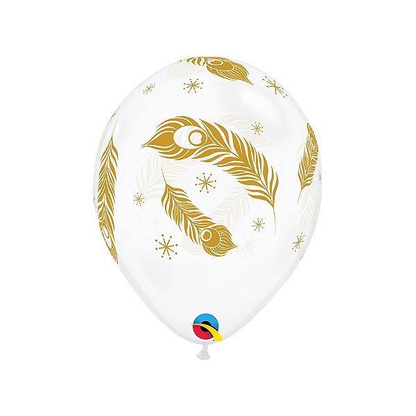 Balão de Festa Látex Liso Decorado - Penas de Pavão Transparente - 11" 28cm - 50 unidades - Qualatex Outlet - Rizzo