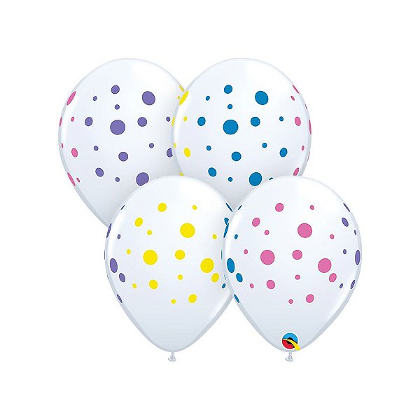 Balão de Festa Látex Liso Decorado - Branco com Pontos Coloridos - 11" 28cm - 50 unidades - Qualatex Outlet - Rizzo