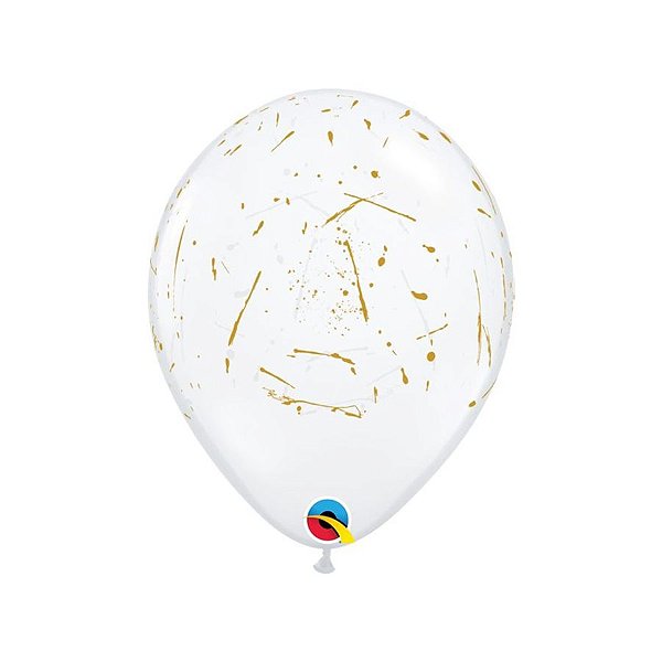 Balão de Festa Látex Liso Decorado - Respingos Transparente/Ouro - 11" 28cm - 50 unidades - Qualatex Outlet - Rizzo