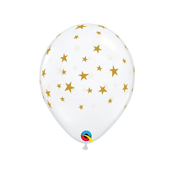 Balão de Festa Látex Liso Decorado - Estrelas Contemp. Transp/Ouro - 11" 28cm - 50 unidades - Qualatex Outlet - Rizzo