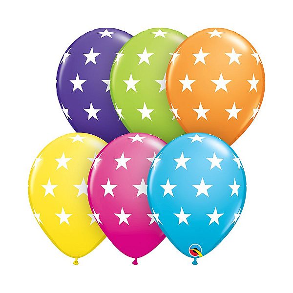 Balão de Festa Látex Liso Decorado - Estrelas Grandes Sortido - 11" 28cm - 50 unidades - Qualatex Outlet - Rizzo