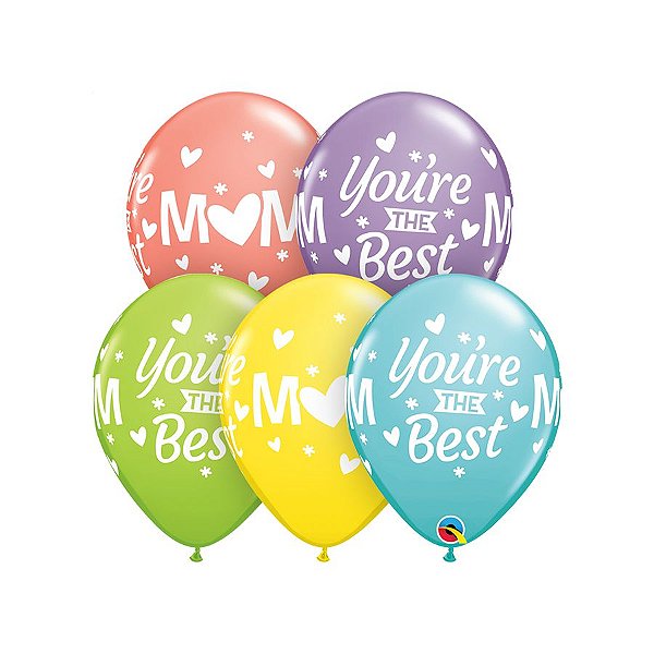 Balão de Festa Látex Liso Decorado - Mom,You Are The Best! Sortido - 11" 28cm - 50 unidades - Qualatex Outlet - Rizzo