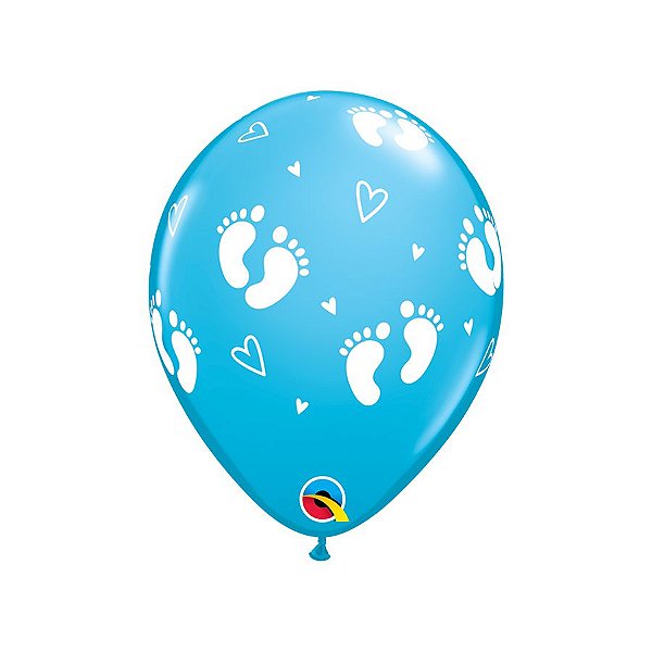 Balão de Festa Látex Liso Decorado - Pegadas de Bebê/Coração Azul - 11" 28cm - 6 unidades - Qualatex Outlet - Rizzo