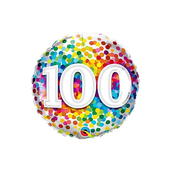 Balão de Festa Microfoil 18" 46cm - Redondo Número 100 com Confetes Arco-Íris - 1 unidade - Qualatex Outlet - Rizzo