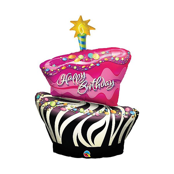 Balão de Festa Microfoil 41" 104cm - Bolo de Aniversário Listras de Zebra - 1 unidade - Qualatex Outlet - Rizzo