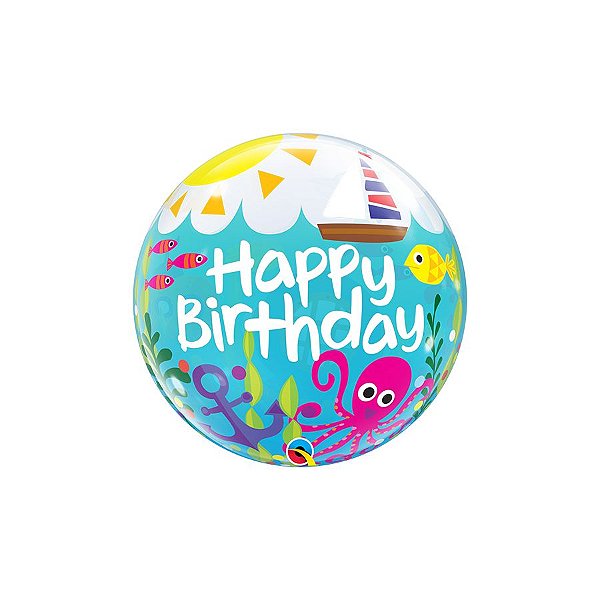 Balão de Festa Bubble 22" 56cm - Happy Birthday Diversão Marítima - 1 unidade - Qualatex Outlet - Rizzo