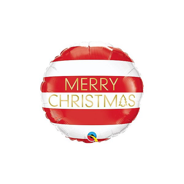 Balão de Festa Microfoil 18" 46cm - Redondo Merry Christmas Listras Brancas e Vermelhas - 1 unidade - Qualatex Outlet -