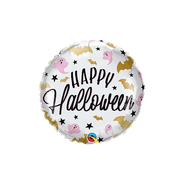 Balão de Festa Microfoil 18" 46cm - Redondo Happy Halloween Fantasmas  - 1 unidade - Qualatex Outlet - Rizzo