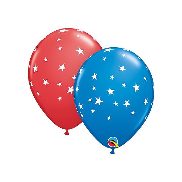 Balão de Festa Látex Liso Decorado - Estrelas Azul e Vermelho - 11" 28cm - 50 unidades - Qualatex Outlet - Rizzo