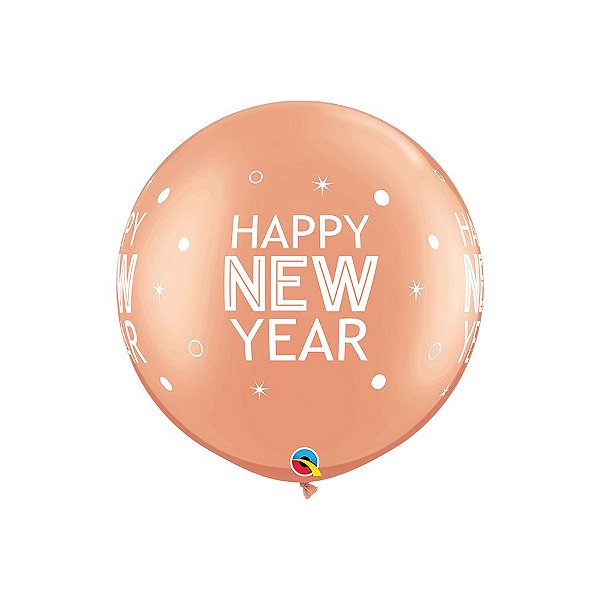 Balão de Festa Látex Liso Decorado - New Year Brilhos Ouro Rose - 30" 75cm - 2 unidades - Qualatex Outlet - Rizzo