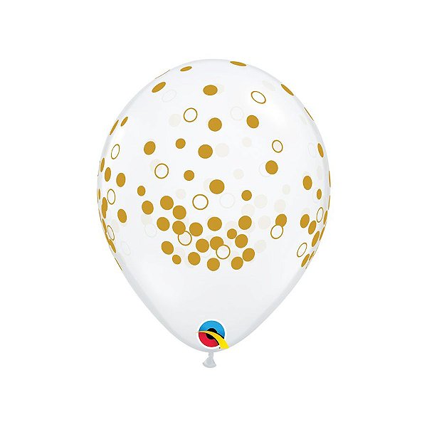 Balão de Festa Látex Liso Decorado - Pontos de Confete Transp/Dourado - 11" 28cm - 50 unidades - Qualatex Outlet - Rizzo