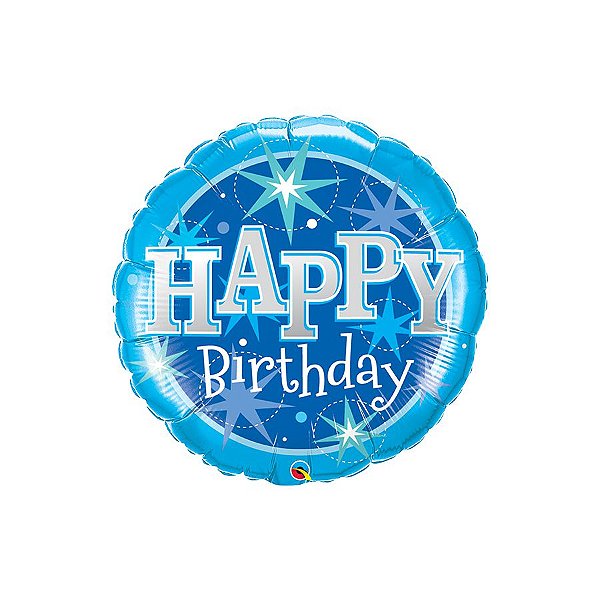 Balão de Festa Microfoil 18" 46cm - Redondo Happy Birthday Azul com Brilho - 1 unidade - Qualatex Outlet - Rizzo