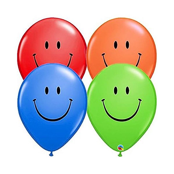 Balão de Festa Látex Liso Decorado - Carinhas Sorridentes Sortido - 11" 28cm - 100 unidades - Qualatex Outlet - Rizzo