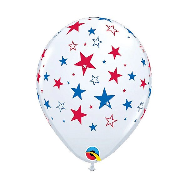 Balão de Festa Látex Liso Decorado - Estrela Vermelho e Azul - 11" 28cm - 50 unidades - Qualatex Outlet - Rizzo