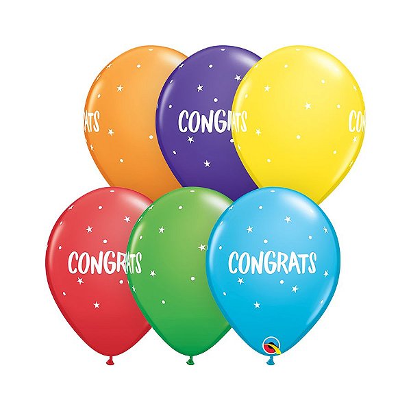 Balão de Festa Látex Liso Decorado - Congrats Pontos e Estrelas Sortidos - 11" 28cm - 50 unidades - Qualatex Outlet - Ri