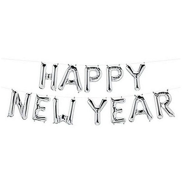 Balão de Festa Microfoil 16" 40cm - Escrita "HAPPY NEW YEAR" Prata - 1 unidade - Qualatex Outlet - Rizzo
