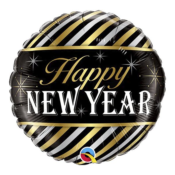 Balão de Festa Microfoil 18" 45cm - Redondo Happy New Year Listras - 1 unidade - Qualatex Outlet - Rizzo