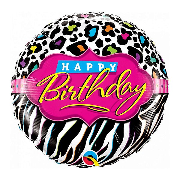 Balão de Festa Microfoil 18" 45cm - Redondo Happy Birthday Animal Print - 1 unidade - Qualatex Outlet - Rizzo