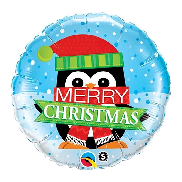 Balão de Festa Microfoil 18" 45cm - Redondo Merry Christmas Pinguim - 1 unidade - Qualatex Outlet - Rizzo
