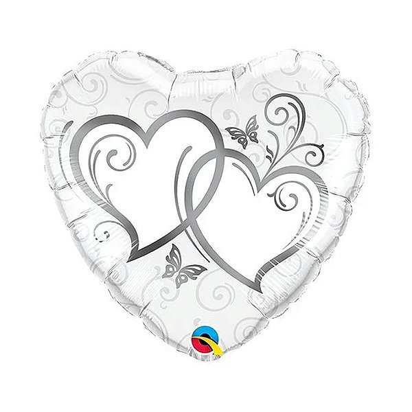 Balão de Festa Microfoil 36" 91cm - Corações Entrelaçados Prata - 1 unidade - Qualatex Outlet - Rizzo