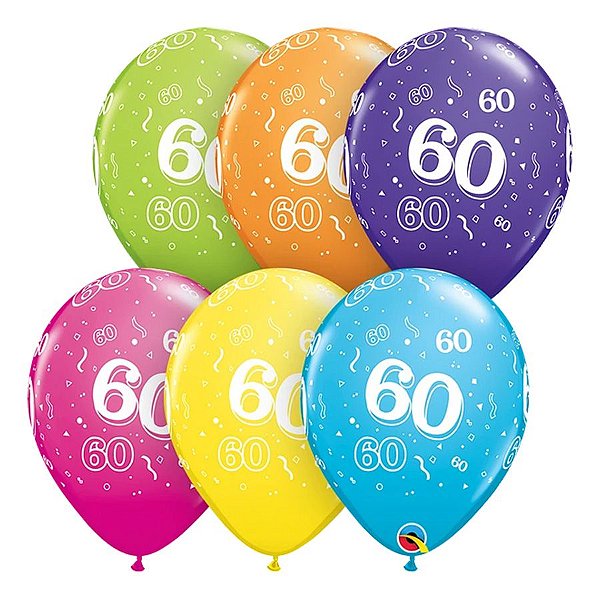 Balão de Festa Látex Liso Decorado - Número 60 Sortido - 11" 27cm - 50 unidades - Qualatex Outlet - Rizzo