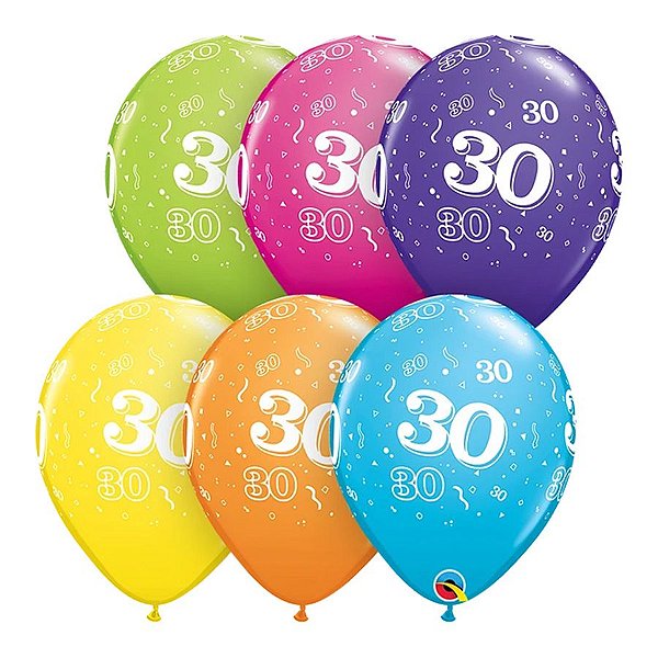 Balão de Festa Látex Liso Decorado - Número 30 Sortido - 11" 27cm - 50 unidades - Qualatex Outlet - Rizzo