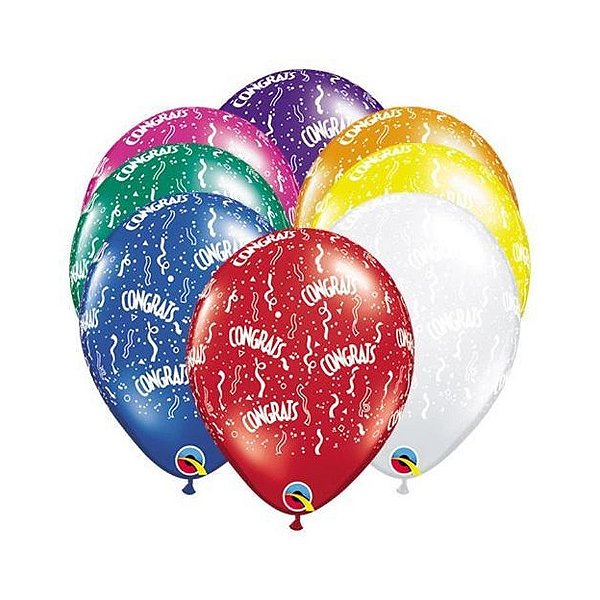 Balão de Festa Látex Liso Decorado - Congrats Sortido - 11" 27cm - 50 unidades - Qualatex Outlet - Rizzo