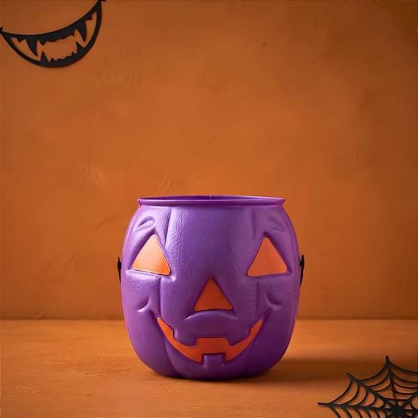 Mini Baldinho de Halloween com Alça - Abóbora - Roxo com olhos Laranjas - 1 unidade - Rizzo