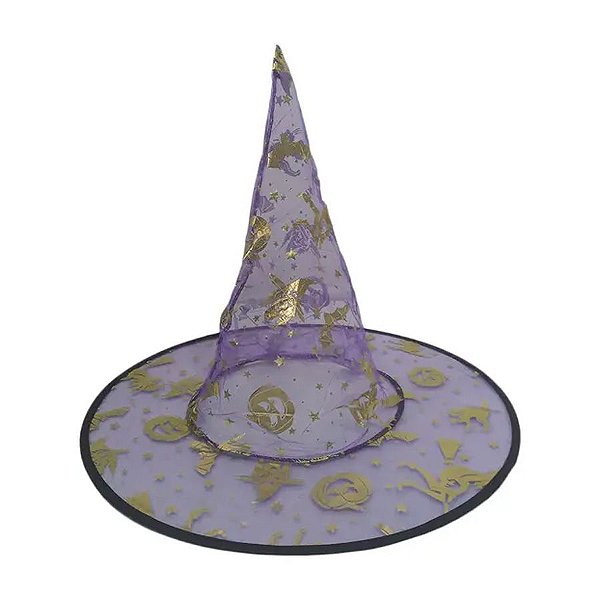 Chapéu de Bruxa Transparente Roxo - Bruxa Dourada - Halloween - 1 unidade - Rizzo