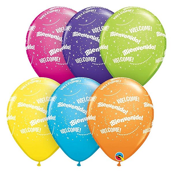 Balão de Festa Látex Liso Decorado - Welcome, Bienvenido! Sortido - 11" 27cm - 50 unidades - Qualatex Outlet - Rizzo