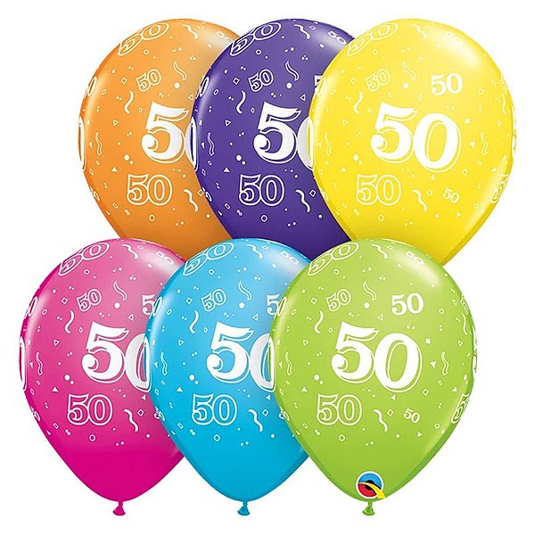 Balão de Festa Látex Liso Decorado - Número 50 Sortido - 11" 27cm - 50 unidades - Qualatex Outlet - Rizzo