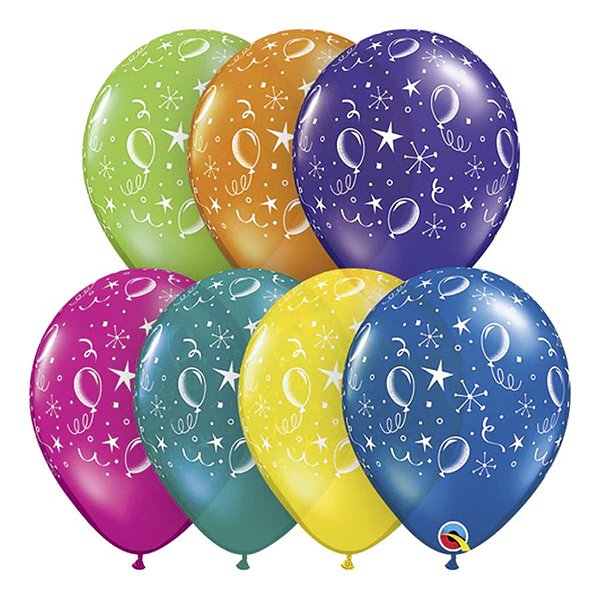 Balão de Festa Látex Liso Decorado - Balões de Festa Sortido - 11" 27cm - 50 unidades - Qualatex Outlet - Rizzo