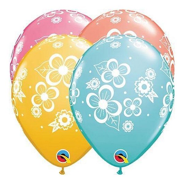 Balão de Festa Látex Liso Decorado - Botões de Flores Sortidos - 11" 27cm - 50 unidades - Qualatex Outlet - Rizzo