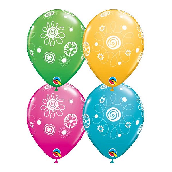 Balão de Festa Látex Liso Decorado - Rabiscos e Flores Sortidos - 11" 27cm - 50 unidades - Qualatex Outlet - Rizzo