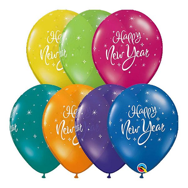 Balão de Festa Látex Liso Decorado - Brilhante Happy New Year Sortido - 11" 27cm - 50 unidades - Qualatex Outlet - Rizzo