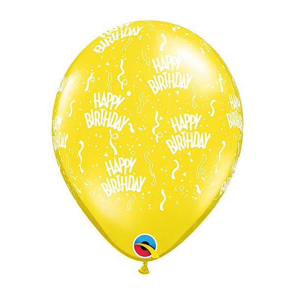 Balão de Festa Látex Liso Decorado - Happy Birthday Amarelo - 11" 27cm - 50 unidades - Qualatex Outlet - Rizzo