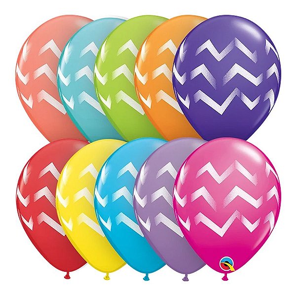 Balão de Festa Látex Liso Decorado - Listras Chevron Sortidos - 11" 27cm - 6 unidades - Qualatex Outlet - Rizzo