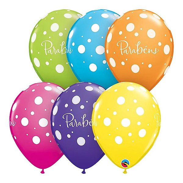 Balão de Festa Látex Liso Decorado - Parabéns! Sortidos - 11" 27cm - 6 unidades - Qualatex Outlet - Rizzo