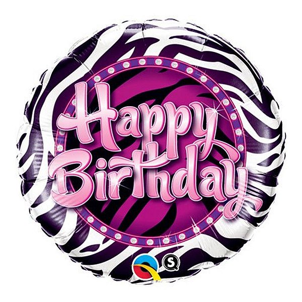 Balão de Festa Microfoil 9" 22cm - Redondo Happy Birthday! Zebra - 1 unidade - Qualatex Outlet - Rizzo