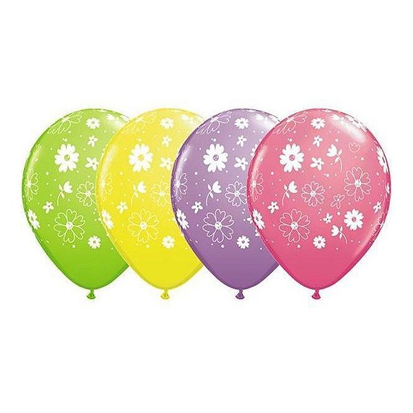 Balão de Festa Látex Liso Decorado - Margaridas Sortidos - 11" 27cm - 50 unidades - Qualatex Outlet - Rizzo