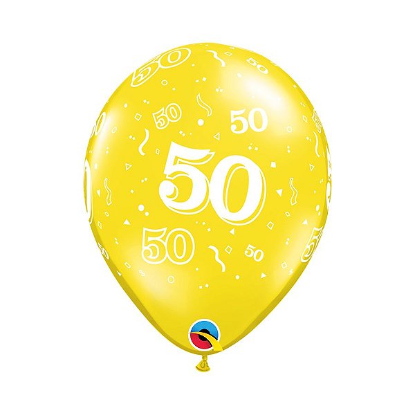 Balão de Festa Látex Liso Decorado - Número 50 Amarelo Citrino - 11" 27cm - 50 unidades - Qualatex Outlet - Rizzo