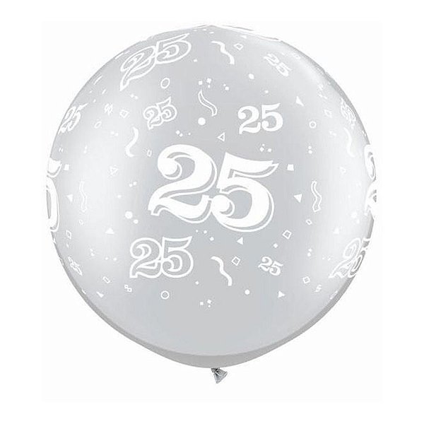 Balão de Festa Látex Liso Decorado - Número 25 Prata - 30" 76cm - 2 unidades - Qualatex Outlet - Rizzo